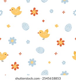 Seamless pattern of Easter eggs and flowers. Pattern with rabbits, wild flowers and clouds.	
