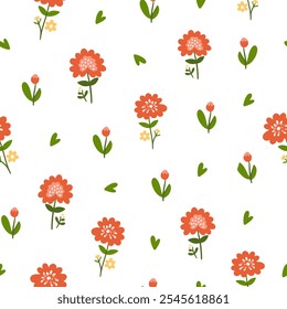 Seamless pattern of Easter eggs and flowers. Pattern with rabbits, wild flowers and clouds.	
