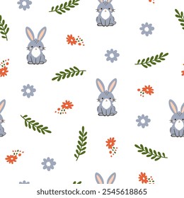 Motif harmonieux d'oeufs et de fleurs de Pâques. Motif de lapins, fleurs sauvages et nuages.	
