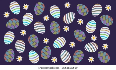Seamless Pattern with Easter eggs and flowers on purple background.