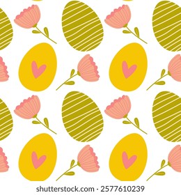 Seamless pattern Easter eggs and flowers, a symbol of Easter, decorative vector elements. Simple design with colorful Easter eggs.