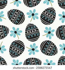 Seamless pattern of Easter Eggs and flowers on white background. Happy Easter pattern design. Hand-drawn Vector illustration of Easter Eggs in doodle style.