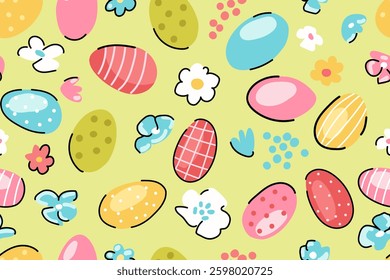Seamless pattern with Easter eggs and flowers. Easter cute pattern on light green background. Hand drawn vector illustration. Design element. Happy Easter