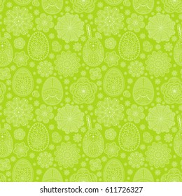 Seamless pattern with Easter eggs and flowers. Vector illustration.