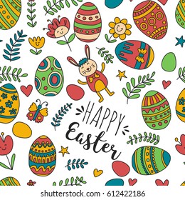 Seamless pattern for Easter Eggs, flowers, bunny Happy easter pattern