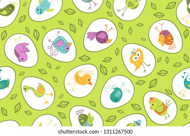 Seamless pattern with Easter eggs and funny birds. Vector background for fabric, textile, wallpaper, posters, gift wrapping paper, napkins, tablecloths, pajamas. Print for kids, children, baby