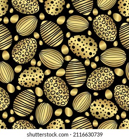 Seamless pattern with Easter eggs. Golden eggs with colored gradient on a black background. Festive Easter background. Vector illustration.