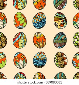 Seamless pattern with Easter eggs. Easter hand-drawn decorative elements in vector.  Made by trace from sketch. Zentangle