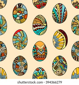 Seamless pattern with Easter eggs. Easter hand-drawn decorative elements in vector.  Made by trace from sketch. Zentangle