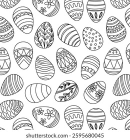 Seamless pattern of Easter eggs with intricate geometric and floral line art designs. Perfect for holiday decorations, wrapping paper, textiles, and digital projects.