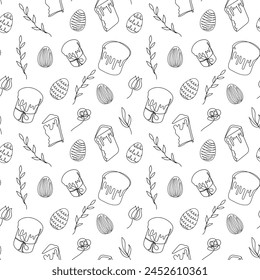 Patrón sin fisuras de huevos de Pascua, pasteles de Pascua Kulich, Elementos florales. Blanco y negro. Línea de arte. Fondo blanco. Diseño festivo. Decoración de Pascua, papel de embalaje, saludo, textil, impresión