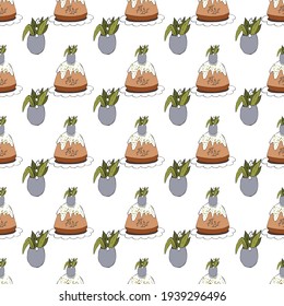 Seamless pattern - easter eggs with lilies of the valley and green leaves. Isolated.