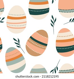 Seamless pattern with Easter eggs in modern minimal hand drawn style. Colorful pastel vector illustration on white background
