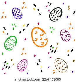 Seamless pattern. Easter eggs. Multicolored and line drawing of eggs. Funny eggs.