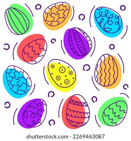 Seamless pattern. Easter eggs. Multicolored and line drawing of eggs. Funny eggs.