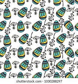 Seamless pattern with easter eggs and natural design. Happy Easter theme. Hand drawn vector illustration with spring doodle elements. Sketch background for prints, T-shirt.