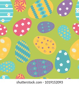 Seamless pattern with Easter eggs on a green background. For decorating textiles, packaging and wallpaper. Vector illustration.