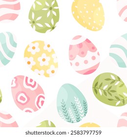 Seamless pattern with Easter eggs on a white background. Vector Easter illustration background. Cartoon illustration.