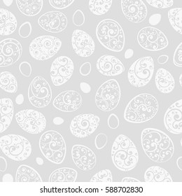 Seamless pattern of Easter eggs with ornaments of curls, white on gray background