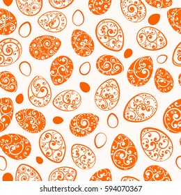 Seamless pattern of Easter eggs with ornaments of curls, orange on white background