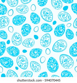 Seamless pattern of Easter eggs with ornaments of curls, light blue on white background