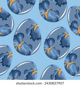 seamless pattern of easter eggs painted with floral motifs, namely open buds of blue irises on a blue background, for drawing, for posters or banners