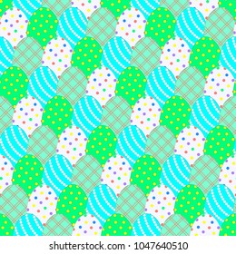 Seamless pattern with Easter eggs in pastel colors. Green and blue colors and their shades. Pattern with superimposition of objects. Easter theme. Vector illustration.