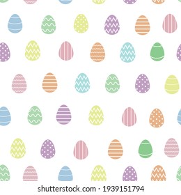 A seamless pattern of Easter eggs of pastel colors on a white background. Eggs in a flat style of pink, blue, green, yellow and purple. Pattern for postcards, wrapping paper, wallpaper, screensavers