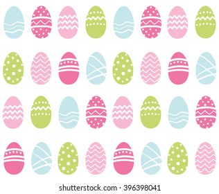 Seamless pattern with Easter eggs. Pastel colors. White background. Wrapping. Cute simple desing. For decorating postcards, backgrounds, packages.