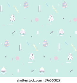 Seamless pattern with Easter eggs in pastel color. Memphis 80's-90's styles. Colorful geometric background, different shapes. Vector illustration