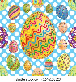 Seamless pattern of Easter eggs. Picture on blue background . For printing on Wallpaper, packaging