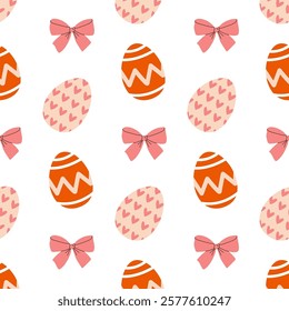 Seamless pattern Easter eggs and pink bows, a symbol of Easter, decorative vector elements. Simple design with colorful Easter eggs.