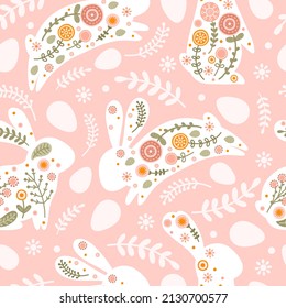 Seamless pattern with Easter eggs, rabbit and flowers in flat style. Illustration with silhouettes hares and eggs in pastel colors for fabric, wallpaper and textiles. Vector