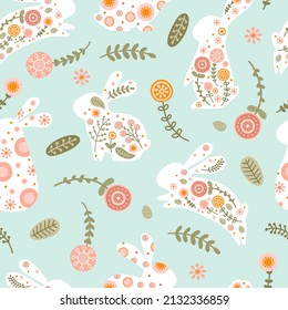 Seamless pattern with Easter eggs and rabbit in flat style. Illustration with silhouettes hares and eggs in pastel colors for fabric, wallpaper and textiles. Vector