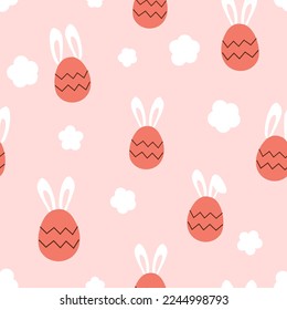 Seamless pattern with Easter eggs, rabbit bunny ears and cute flower on pink background vector illustration. Cute childish print.