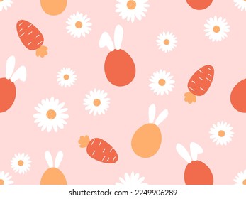 Patrón sin foco con huevos de Pascua con orejas de conejo, zanahorias y flor de margarita en la ilustración vectorial de fondo rosa. 