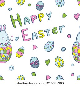 Seamless pattern with easter eggs, rabbits and lettering Happy Easter