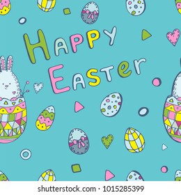 Seamless pattern with easter eggs, rabbits and lettering Happy Easter