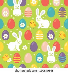 Seamless pattern with easter eggs, rabbits and chickens