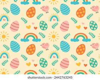 Seamless pattern with Easter eggs, rainbow, hearts, sun. Colorful vector illustration for Holiday design, wallpaper, textile, background, t-shirts, aprons, tablecloths.