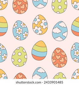 Seamless pattern with Easter eggs in retro style. Groovy style, vintage. Happy Easter. Vector illustration in flat style