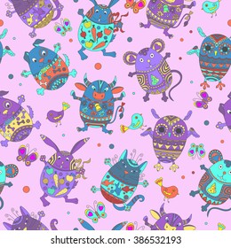 Seamless pattern with Easter eggs in the shape of animals, color figures on pink background