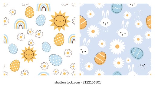 Seamless pattern with Easter eggs, sun ,daisy flower and rabbit cartoons on white and blue backgrounds. Easter wallpaper vector illustration. 