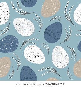 Seamless pattern with Easter eggs and willow sprigs. Holy Easter. Celebration background in blue colors. Vector