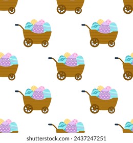 seamless pattern with easter eggs in wooden cart, flat vector illustration for package, wallpaper, decoration etc