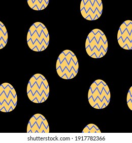 Seamless pattern with easter eggs. Yellow with blue zigzag ornament. Black background. Spring religious holiday decoration. Doodle cartoon style. Post cards, textile, wallpaper and wrapping paper