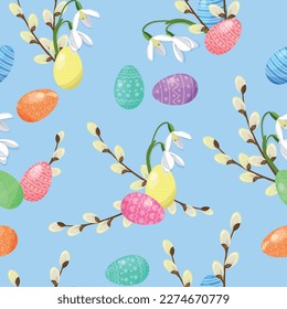 Seamless pattern with an Easter eggs,willow branch and snowdrops on blue background, vector illustration. For decoration textile, packaging.