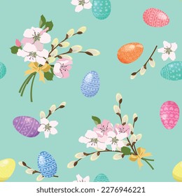 Seamless pattern with an Easter eggs,willow branch and cherry blossom on green background, vector illustration. For decoration textile, packaging.