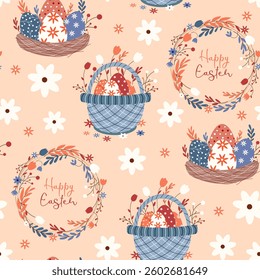 Seamless pattern with Easter elements, a basket and a nest with eggs. Vector illustration