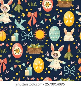 Seamless pattern Easter elements bunny costume, decorative eggs, spring flowers, candles, carrots, and gift basket isolated on a dark background. Vector illustration. Easter celebration concept